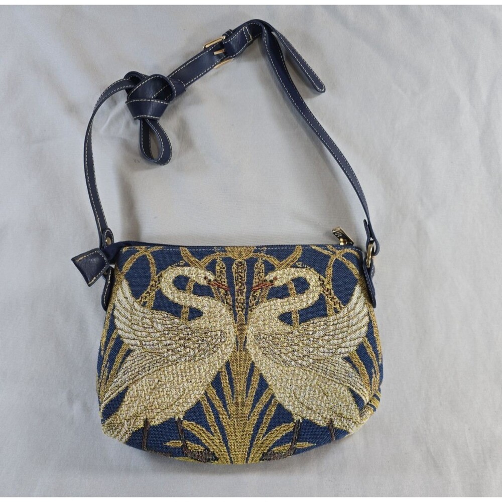 Signare Tapestry Pair of Swan Small Crossbody Bag Blue Gold 9" x 7" x 2.5" Zip